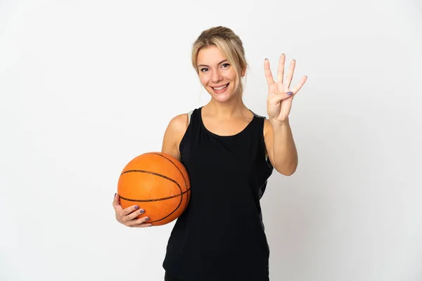 Jeune Femme Russe Jouer Basket Isolé Sur Fond Blanc Heureux — Photo