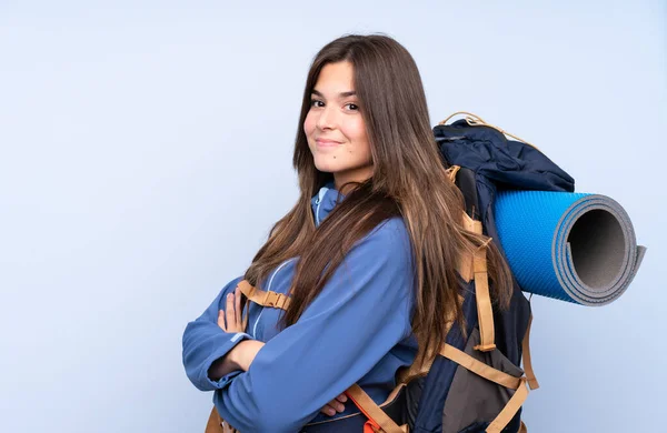 Adolescente Excursionista Chica Sobre Aislado Fondo Riendo —  Fotos de Stock