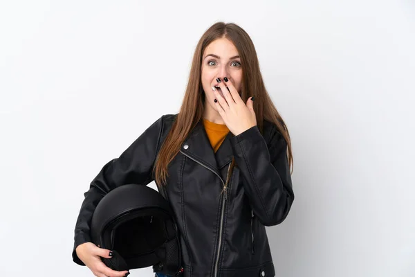 Женщина Мотоциклетном Шлеме Неожиданным Выражением Лица — стоковое фото