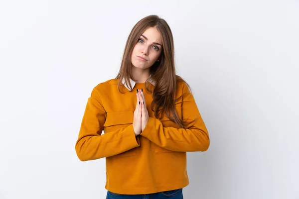 Young Woman Isolated White Background Keeps Palm Together Person Asks — ストック写真