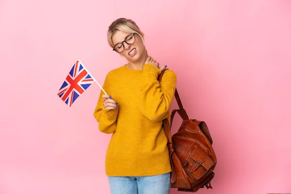 Young Russian Woman Holding United Kingdom Flag Isolated Pink Background — Stok fotoğraf