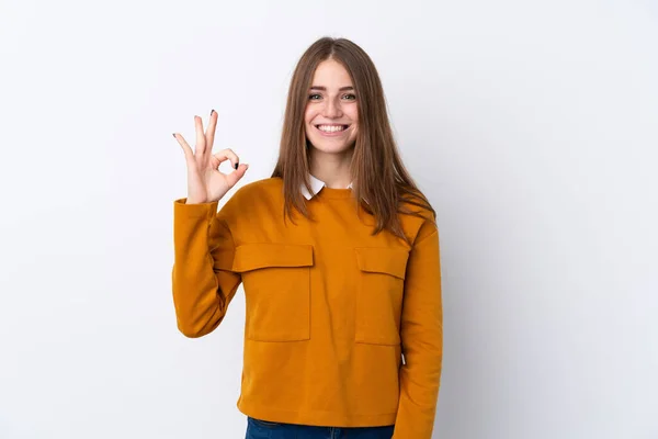 Молодая Женщина Изолированном Белом Фоне Показывает Знак Пальцами — стоковое фото