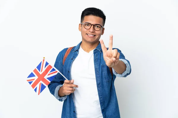 Junge Ecuadorianerin Mit Einer Britischen Flagge Auf Weißem Hintergrund Die — Stockfoto