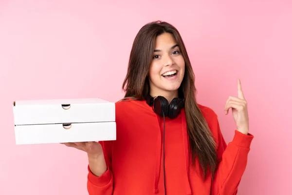 Adolescent Fille Brésilienne Tenant Des Boîtes Pizza Sur Mur Rose — Photo