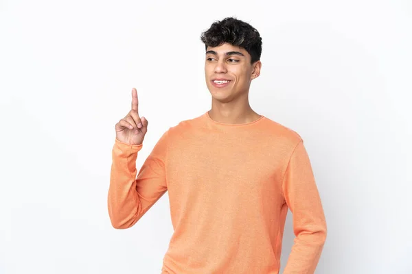 Young Man Isolated White Background Showing Lifting Finger Sign Best — Stok fotoğraf