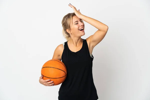 Young Russian Woman Playing Basketball Isolated White Background Has Realized — Stok fotoğraf