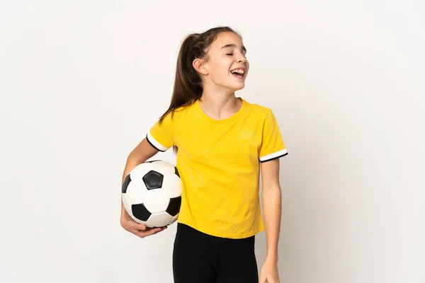 Pequeña Chica Futbolista Aislada Sobre Fondo Blanco Riendo — Foto de Stock