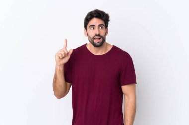 Sakallı, sakallı, beyaz bir geçmişi olan genç, yakışıklı bir adam çözümü bulmak için parmağını kaldırıyor.