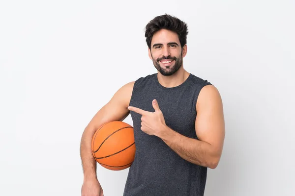 Joven Hombre Guapo Con Barba Sobre Fondo Blanco Aislado Jugando —  Fotos de Stock