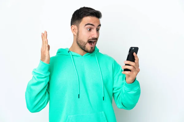 Young Caucasian Handsome Man Isolated White Background Looking Camera While — Stock Photo, Image