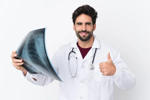 Joven Hombre Guapo Con Barba Sobre Fondo Blanco Aislado Usando —  Fotos de Stock