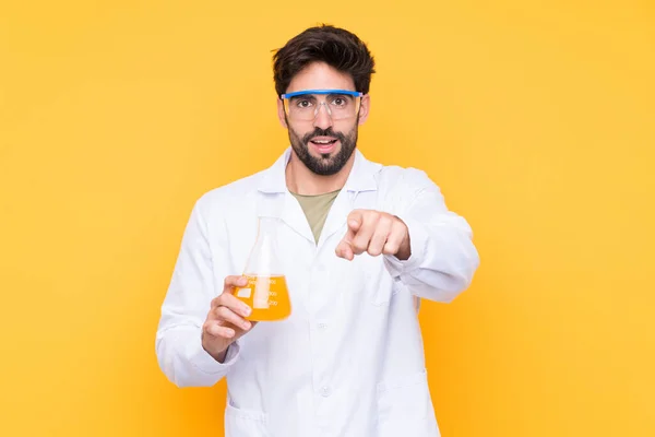 Young Scientific Man Isolated Yellow Background Surprised Pointing Front — Stock Photo, Image