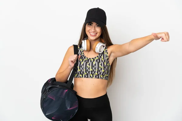 Mujer Deportiva Joven Con Bolsa Deporte Aislado Sobre Fondo Blanco — Foto de Stock