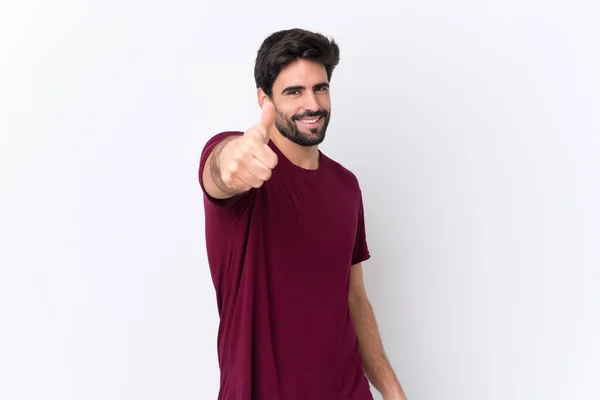 Young Handsome Man Beard Isolated White Background Thumbs Because Something — Stock Photo, Image