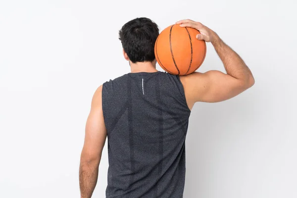 Young Handsome Man Beard Isolated White Background Playing Basketball Back — Stock Photo, Image