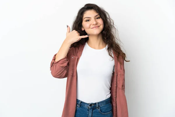 Adolescente Russo Menina Isolada Fundo Branco Fazendo Gesto Telefone Chama — Fotografia de Stock