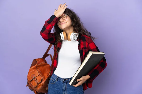 Estudante Adolescente Isolado Fundo Roxo Percebeu Algo Pretendendo Solução — Fotografia de Stock