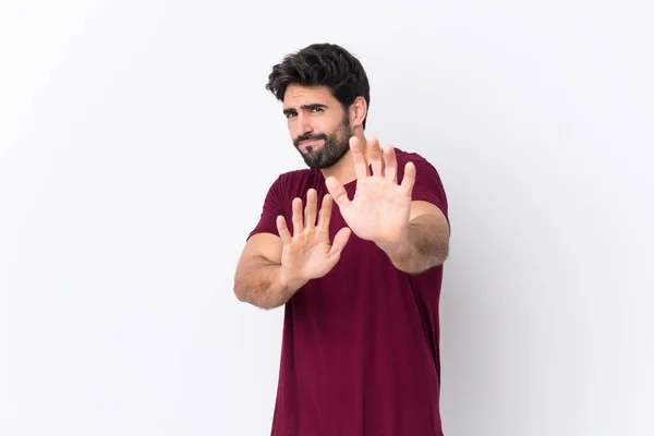 Young Handsome Man Beard Isolated White Background Nervous Stretching Hands — Stock Photo, Image