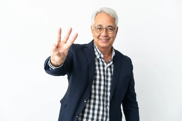 Homem Brasileiro Meia Idade Isolado Fundo Branco Feliz Contando Três — Fotografia de Stock