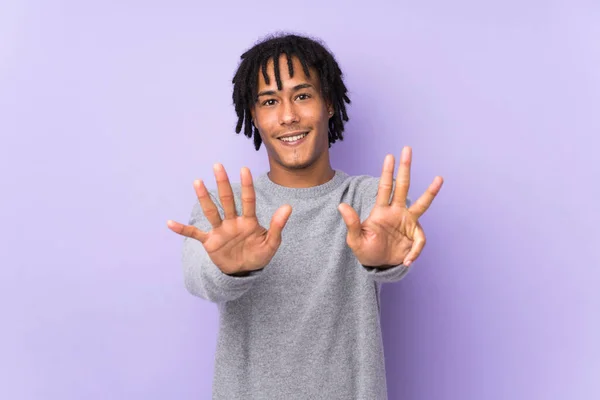 Young African American Man Isolated Purple Background Counting Nine Fingers — Stock Photo, Image