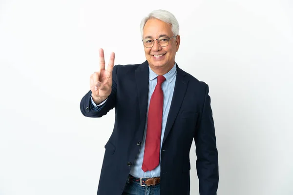 Homem Negócios Brasileiro Meia Idade Isolado Fundo Branco Sorrindo Mostrando — Fotografia de Stock