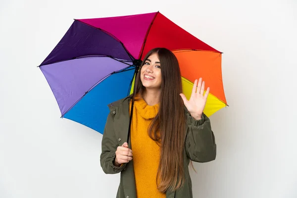 Jeune Femme Tenant Parapluie Isolé Sur Fond Blanc Saluant Main — Photo