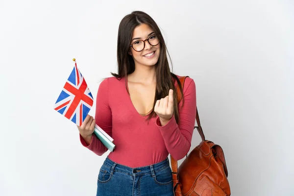 Adolescente Menina Brasileira Segurando Uma Bandeira Reino Unido Isolada Fundo — Fotografia de Stock