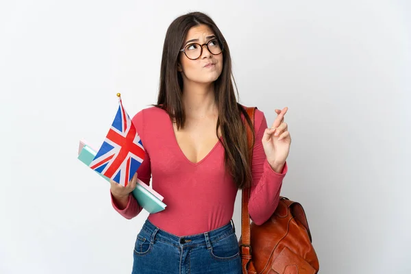Adolescente Brasileiro Menina Segurando Uma Bandeira Reino Unido Isolado Fundo — Fotografia de Stock