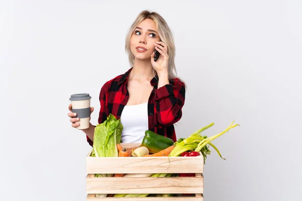 Farmer Girl Holding Basket Full Fresh Vegetables Isolated White Background — Stock Photo, Image