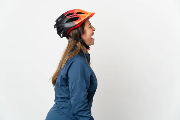 Femme Cycliste Moyen Âge Isolée Sur Fond Blanc Riant Position — Photo