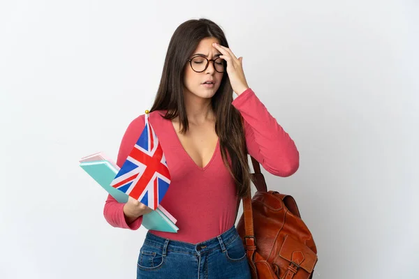 Adolescente Menina Brasileira Segurando Uma Bandeira Reino Unido Isolada Fundo — Fotografia de Stock