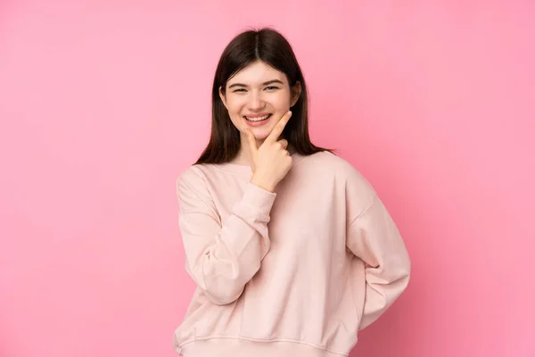 Joven Adolescente Ucraniana Sobre Fondo Rosa Aislado Sonriendo —  Fotos de Stock
