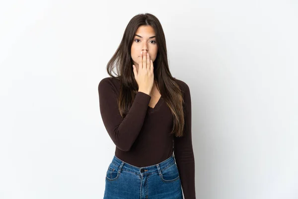 Teenager Brazilian Girl Isolated White Background Covering Mouth Hand — Stock Photo, Image