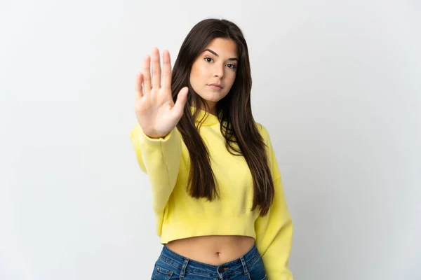 Adolescente Brasileña Chica Aislada Sobre Fondo Blanco Haciendo Stop Gesture — Foto de Stock