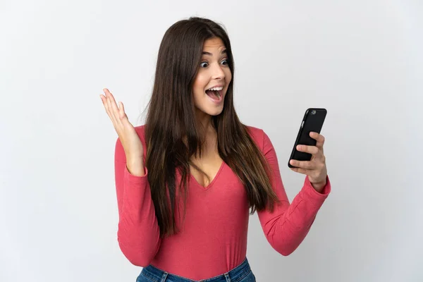 Menina Brasileira Adolescente Isolada Fundo Branco Olhando Para Câmera Enquanto — Fotografia de Stock