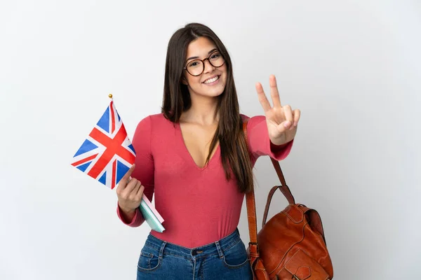 Adolescente Brasileiro Menina Segurando Uma Bandeira Reino Unido Isolado Fundo — Fotografia de Stock