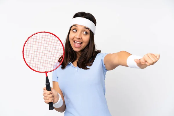 Young Badminton Player Woman Isolated White Background Giving Thumbs Gesture — Stock Photo, Image