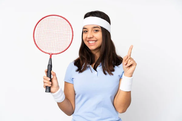 Joven Jugador Bádminton Mujer Sobre Fondo Blanco Aislado Mostrando Levantando — Foto de Stock