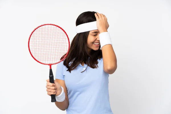 Jovem Jogador Badminton Mulher Sobre Fundo Branco Isolado Percebeu Algo — Fotografia de Stock
