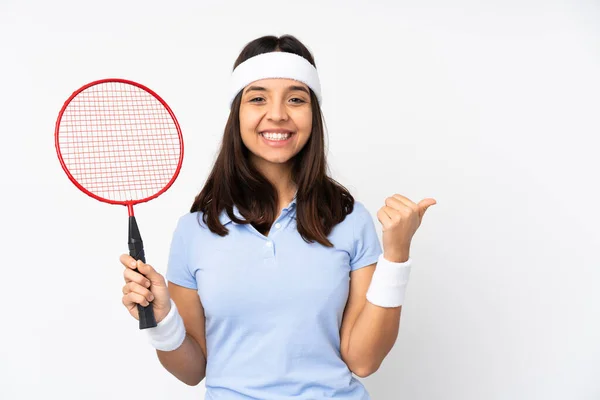 Young Badminton Player Woman Isolated White Background Pointing Side Present — Stock Photo, Image