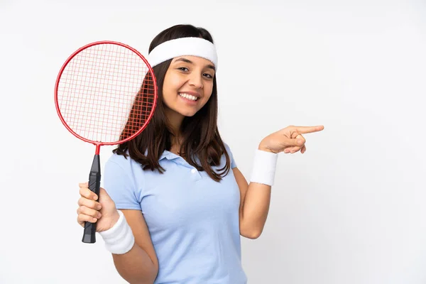 Young Badminton Player Woman Isolated White Background Pointing Finger Side — Stock Photo, Image