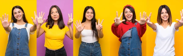 Conjunto Mujeres Contando Ocho Con Dedos — Foto de Stock