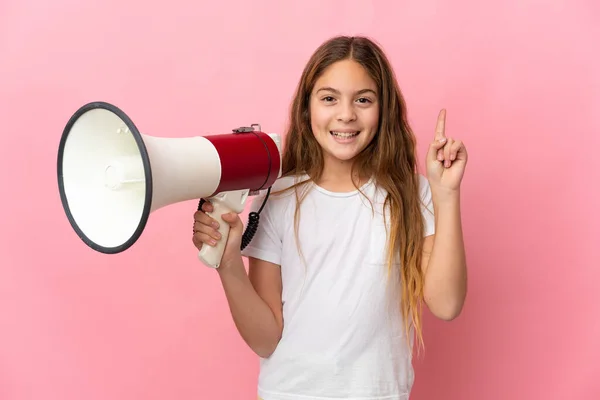 Child Isolated Pink Background Holding Megaphone Pointing Great Idea — Stock Photo, Image