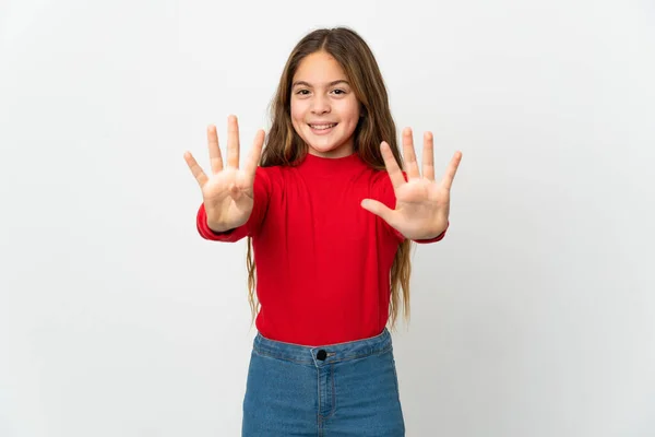 Menina Sobre Fundo Branco Isolado Contando Nove Com Dedos — Fotografia de Stock