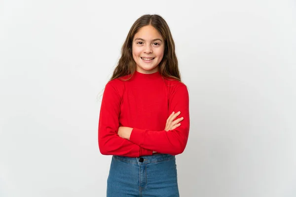 Menina Sobre Fundo Branco Isolado Mantendo Braços Cruzados Posição Frontal — Fotografia de Stock