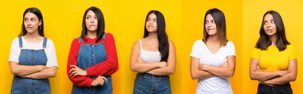 Conjunto Mulheres Com Expressão Facial Confusa — Fotografia de Stock