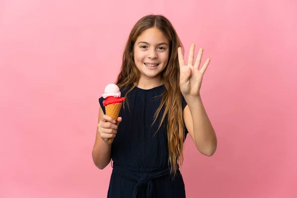 Barn Med Cornet Glass Över Isolerad Rosa Bakgrund Glad Och — Stockfoto