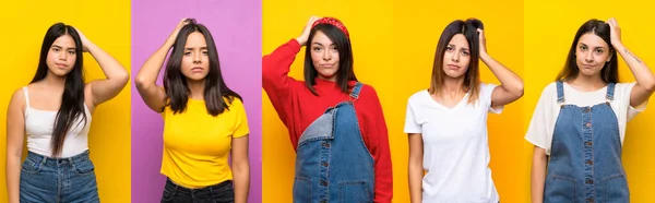 Conjunto Mujeres Con Expresión Frustración Falta Comprensión — Foto de Stock