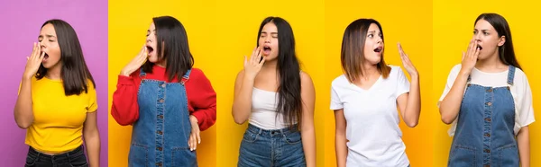 Conjunto Mulheres Bocejando Cobrindo Ampla Boca Aberta Com Mão — Fotografia de Stock