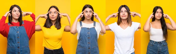 Conjunto Mujeres Que Tienen Dudas Pensamiento —  Fotos de Stock